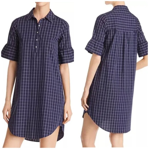 Scotch & Soda Ruffle Sleeve Mini Shirt Dress in Blue Windowpane Check Size M EUC - Picture 1 of 14